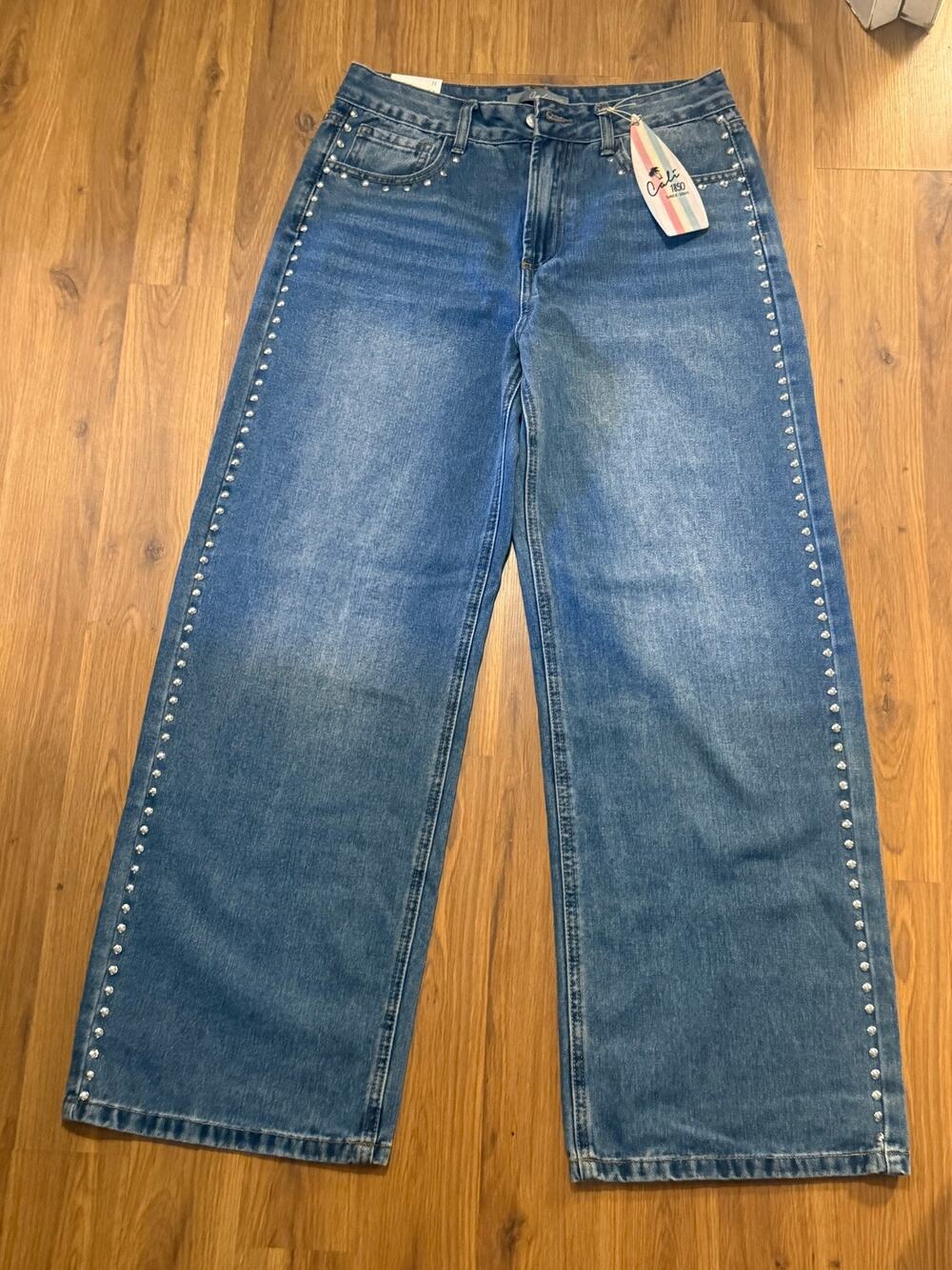Rhinestone Studded High Rise Wide Leg Jeans (Size 11)